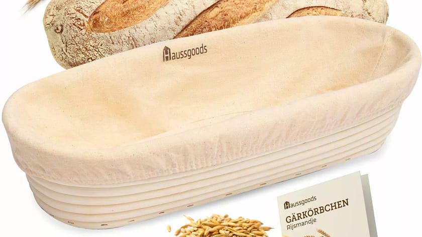 Backzutaten und Equipment 1 Ø35cm Gärkörbchen Oval inkl.1+1 Leineneinlage & Handbuch & e-Book – Rattan Gärkorb Set für 1KG Teig – Geruchsneutral & Einfach zu Reinigendes Gärkörbchen – Ideal zum Brote Backen & Lagern