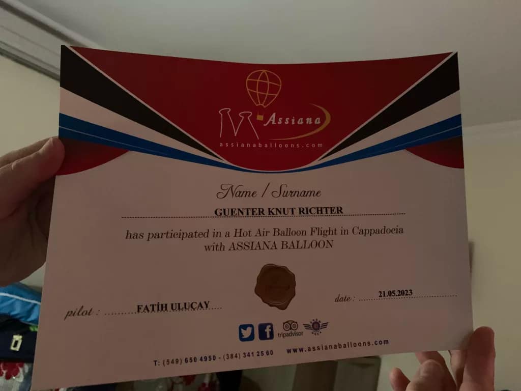 Meine Ballonfahrt in Kappadokien - Video 2 Meine Urkunde als Ballon(mit) Fahrer